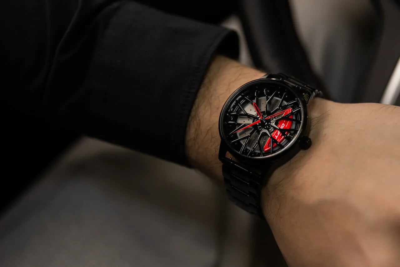 Rev up your style with our red Motorsport Rim Watch! From a young German startup, these innovative timepieces are designed for motorheads, tuning enthusiasts, and auto fans. Precision and passion meet in this iconic watch. Drive your passion! #id_46744363041098